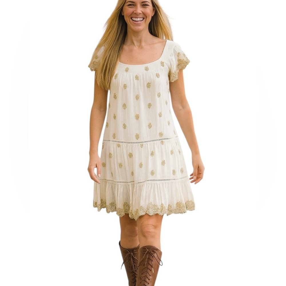 Muche & Muchette OS Dress Fairy Gold Metallic Embroidery Tiered Smocked Neck